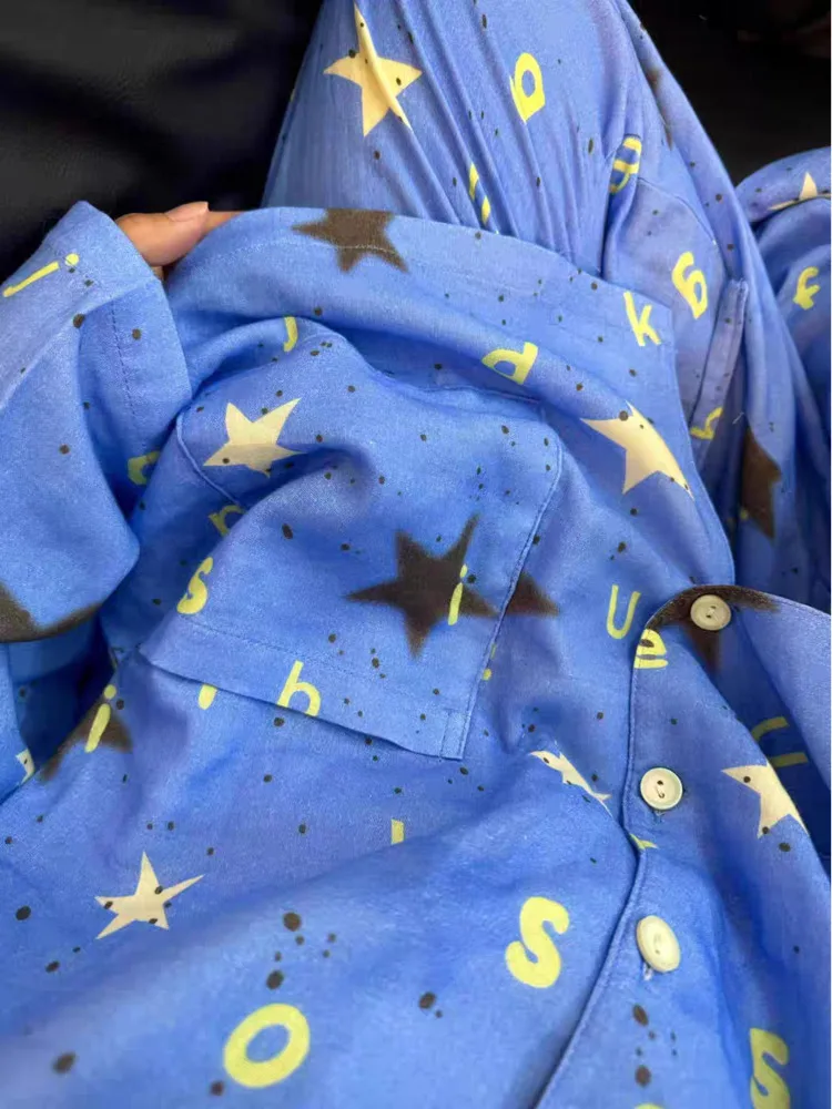 Korean Style Star Pajamas Set Youth Women Spring Y2k Clothes Hip Hop Harajuku 2000s Blue Pijamas Home Pjs Sleepwear For Sleeping