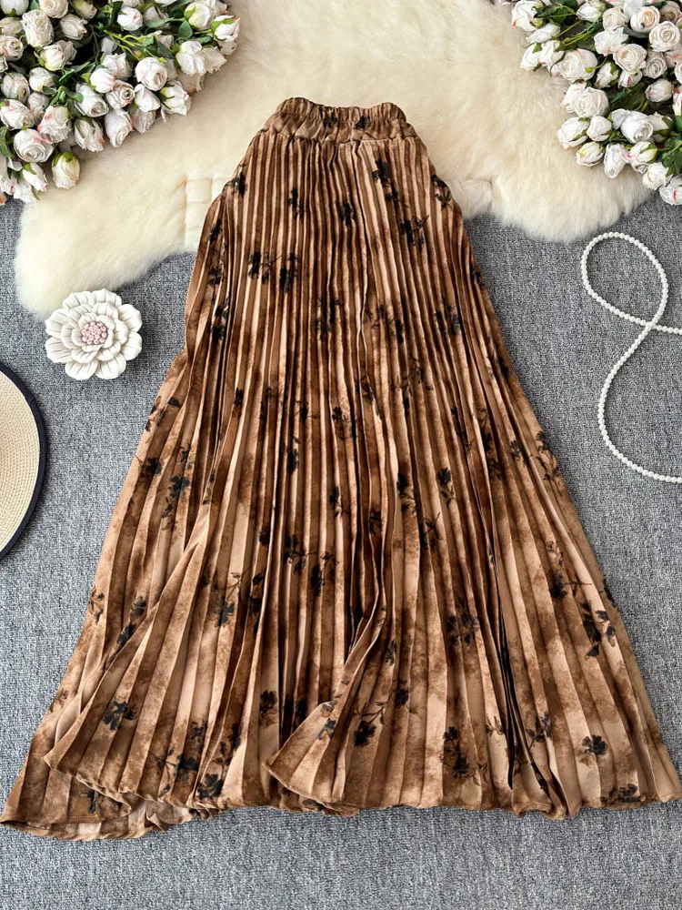 Spódnica midi plisowana, wyszczuplająca, w stylu retro, z wysokim stanem, wzór kwiatowy, odzież damska, wiosna 2025.