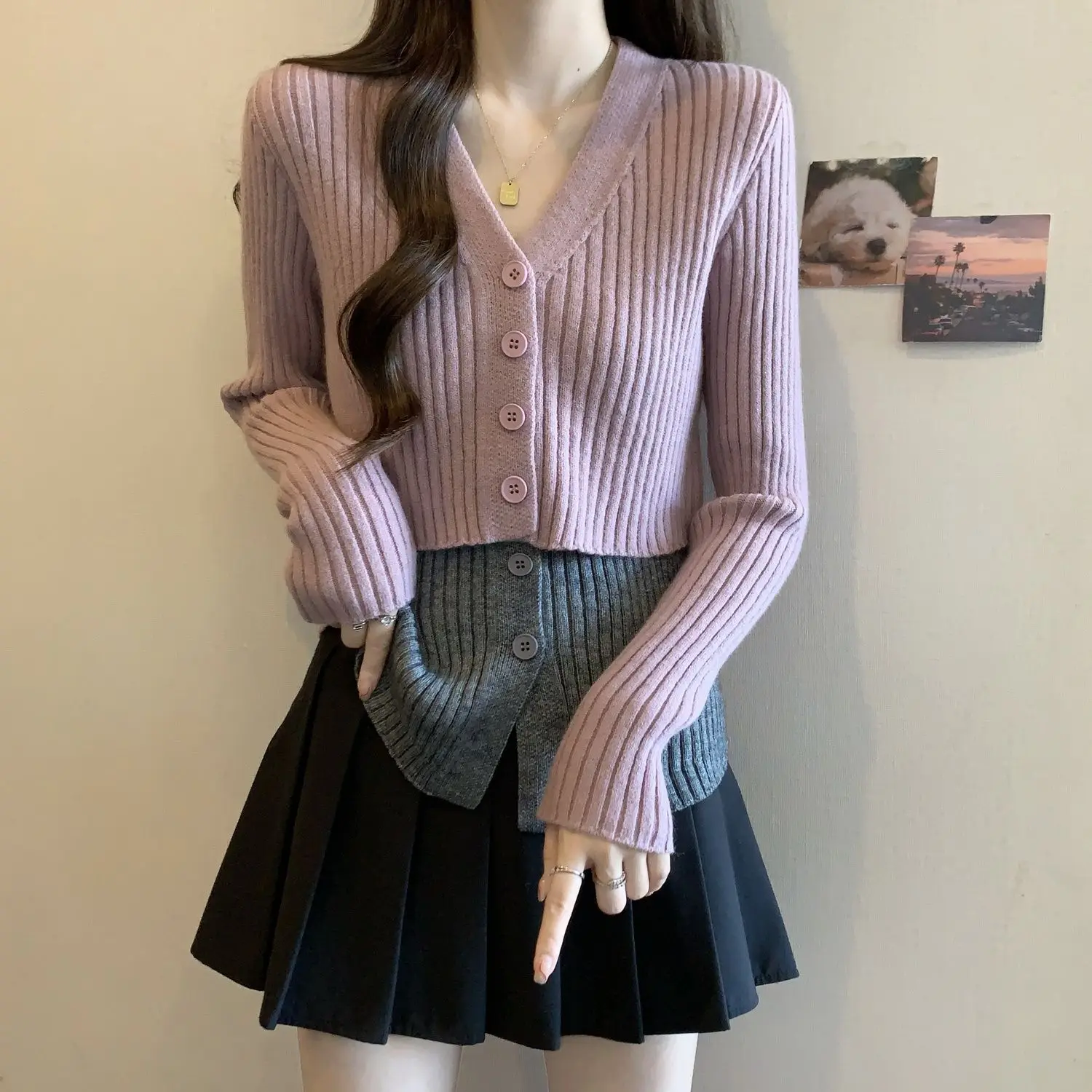 Large Size Women's Fake Two-piece Spliced Design Knitted Sweater Cardigan Cinched Waist Slimming Long Sleeved Sweater