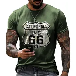 Summer Men Retro Classic Fashion American Route 66 Pattern T-Shirt Hd 3d Printing O Collar Short Loose Breathable Plus Size Top