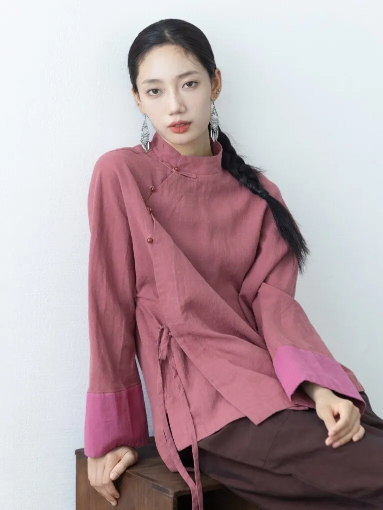 

Eastern Beau Zen Sle irt Stand Collar Asymmetrical Hem Front ort Ba Long Flax National Sle Women's irt