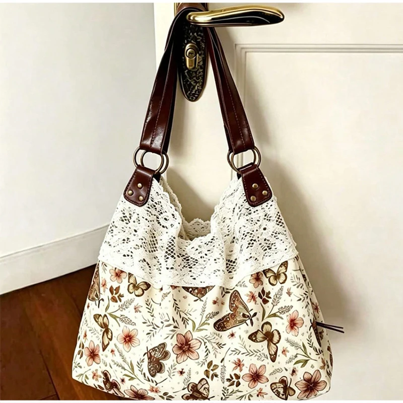 Mori Girl Ditsy-Blumenmuster-Schultertasche mit Spitzenbesatz und Patchwork-Design, Damen-Handtasche im Colorblock-Stil, leichte Vintage-Bohemian-Chic-Tasche – Detail 14
