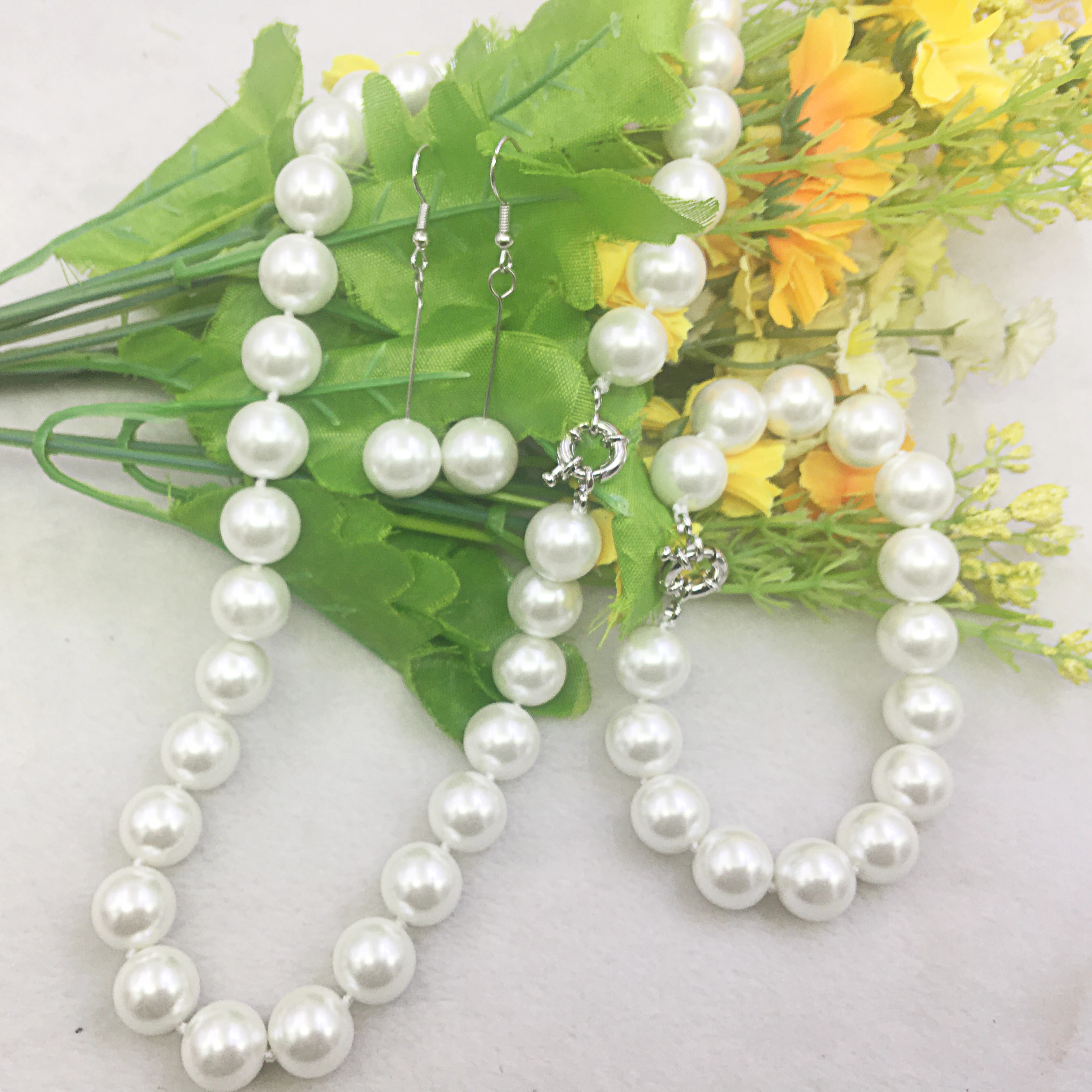 New Beautiful 12mm White Sea Shell Pearl Necklace Bracelet Earrings Beads Women Jewelry Making Design Jewelry Set Natural Stone