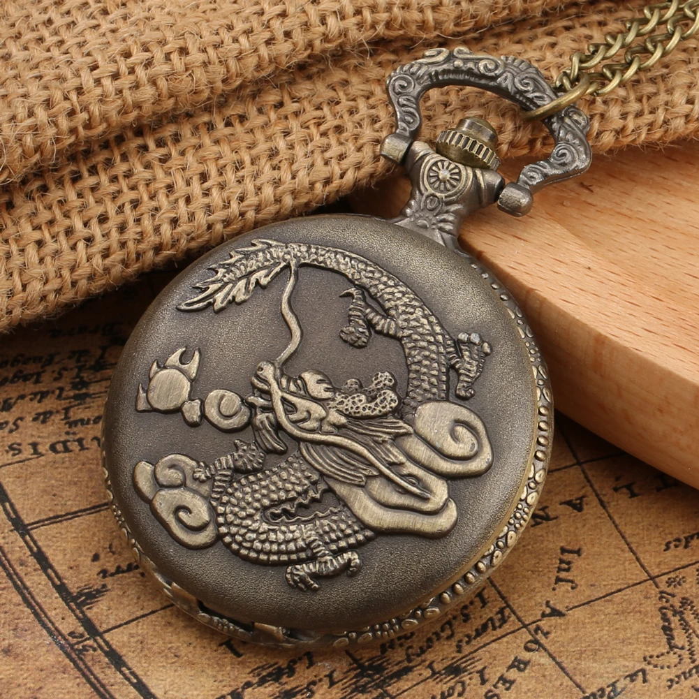 Bronze Dragon Necklace Relógios de bolso para homens e mulheres, pingente estilo antigo, relógio quartzo, relógio analógico, mostrador árabe