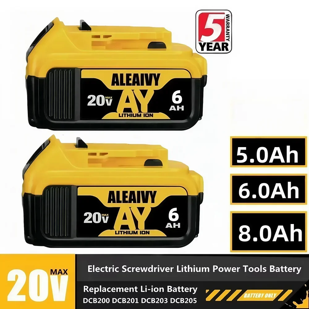 

1-3piece 20V 5.0Ah 6.0Ah 8.0Ah DCB200 18650 Replacement Li-ion Battery for DeWalt MAX DCB205 DCB201 DCB203 Power Tool Batteries.