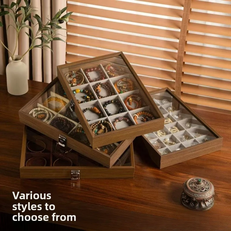 New High-End Large Capacity Jewelry Storage Box Earring Stud Necklace Display Walnut Wood Jewelry Display Tray Organizer Counter