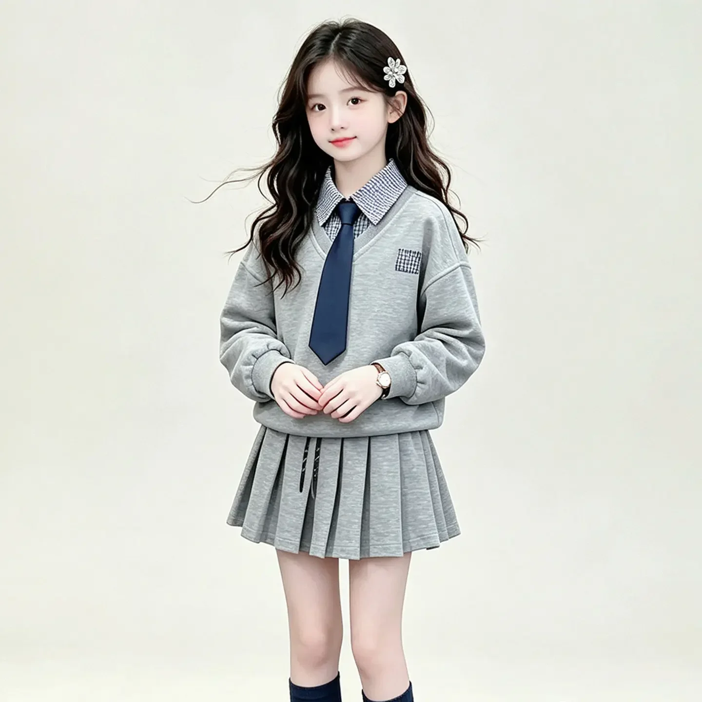 2026 Gilrs Teenager Cloth Suit Autumn Winter Child Set Hooded Plaid Lapel Collar Top + Pleated Skirt School JK 4 10 12 14 Year