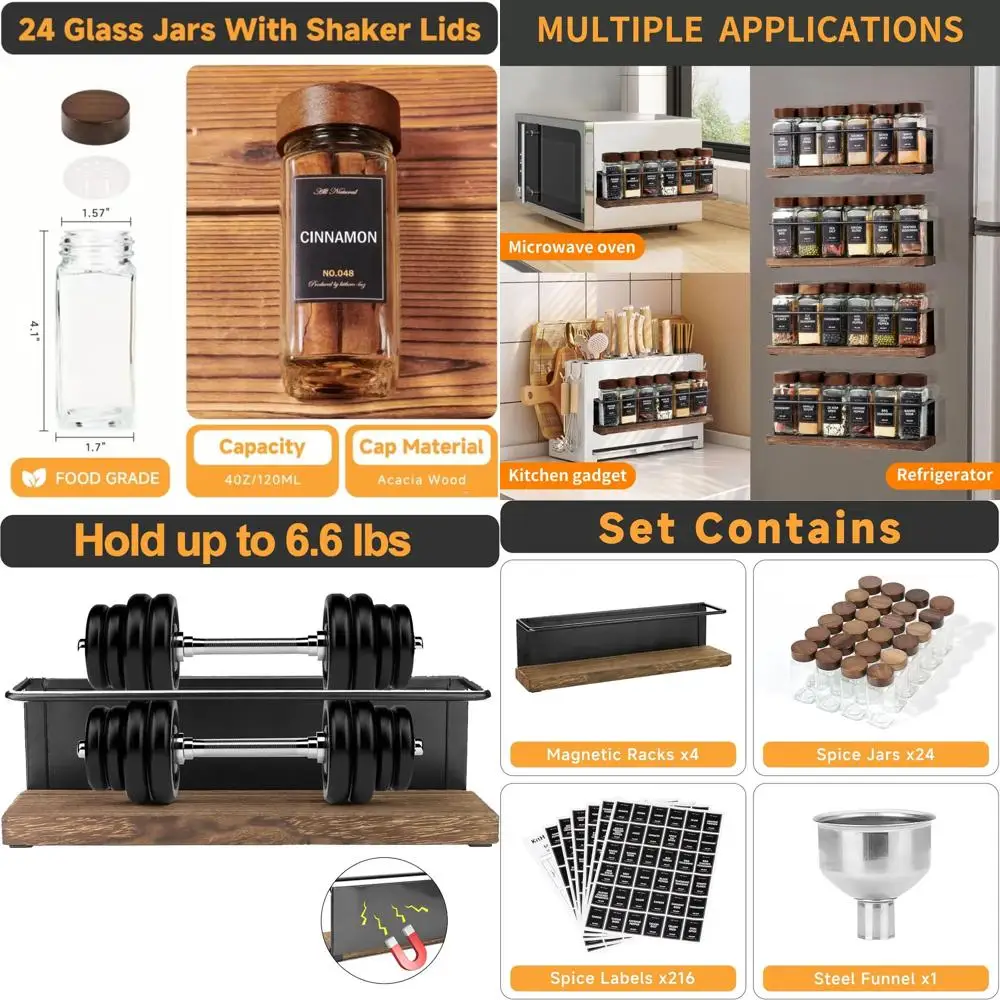 

Полный набор магнитных органайзеров для специй: 24 банки, 216 этикеток, стальная воронка для кухонной техники