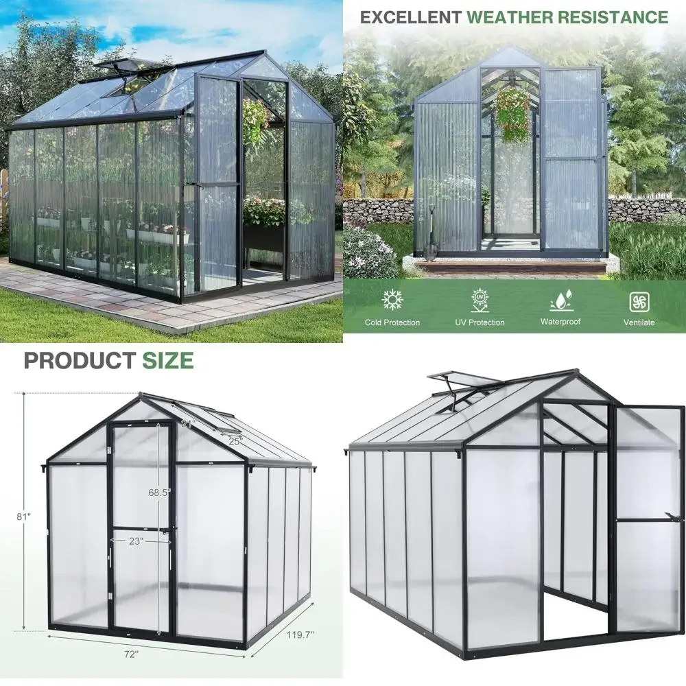 

6x10 Ft Walk-in Greenhouse with Gutter, Polycarbonate Panels, Heavy-Duty Aluminum Frame, Adjustable Skylight, and Lockable Door