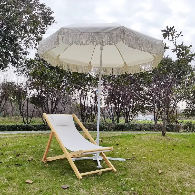 2m Beige Beach Umbrella with Tassel Korean Retro Style Outdoor Garden Camping Parasol Sunshade for Patio Yard Decoration