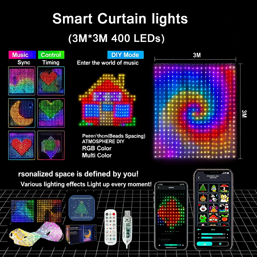 APP Control Music Mode IP65 Waterproof Outdoor Christmas Decor DIY Pattern Window Fairy Light 400LED Smart Curtain Lights