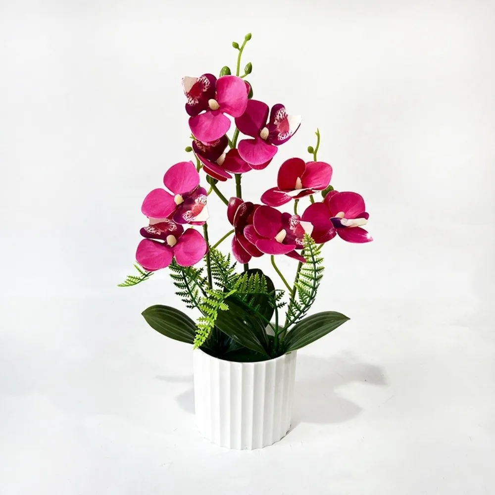 9 Heads Artificial Orchid Potted Flower Pink With White Pot Simulated Butterfly Orchid Flower Potted Phalaenopsis Multi-Bloom