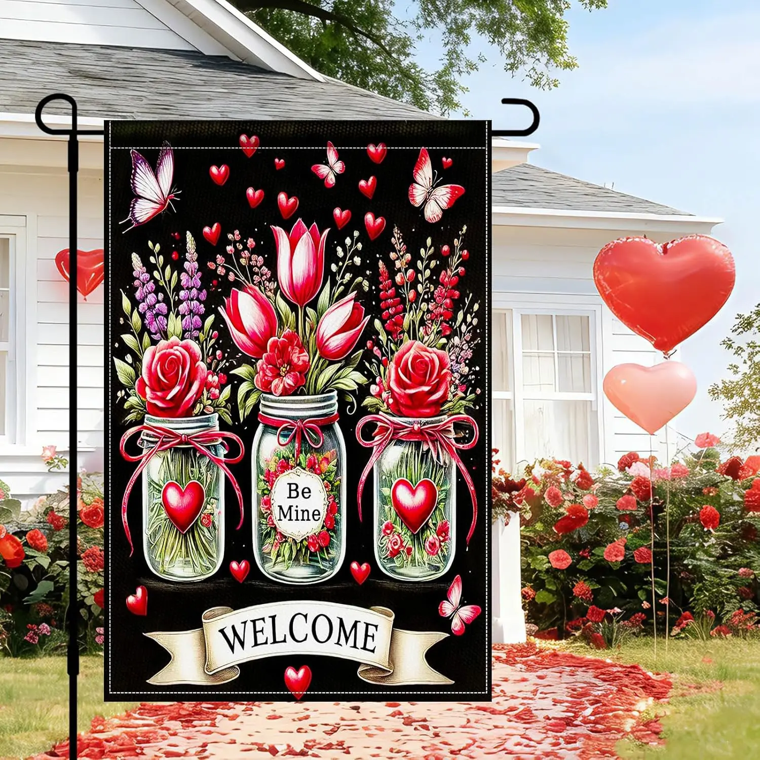 HOMETITUTE Valentine Welcome Garden Flag 12x18 Double Sided Be Mine Mason Jar Flowers Hearts Butterflies Rustic Floral Outdo AAS