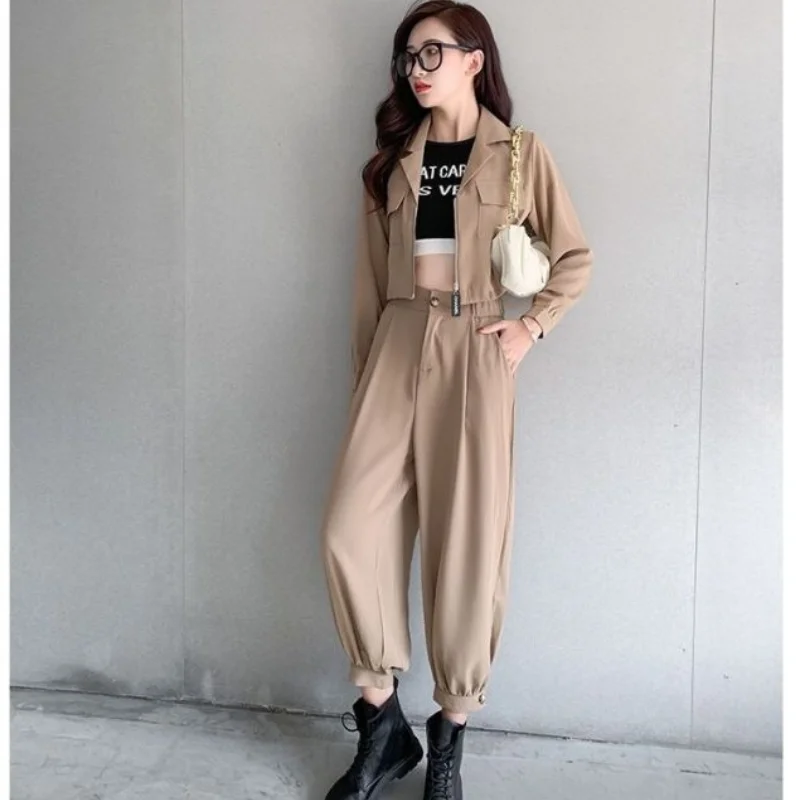 

Spring Autumn Korean Fashion Personalized Suit Collar Long Sleeve Coats+Casual Lantern Pants Two Piece Set For Women Outfits