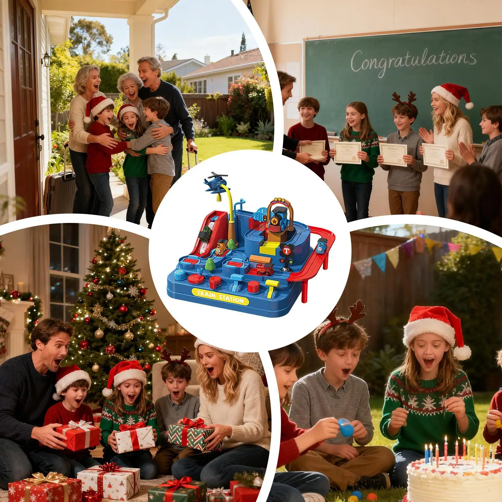 Pista de coche para niños, tren deslizante, rampa de vehículo, tema de aventura navideña, pista de carreras para niños, niñas, cumpleaños, hogar, escuela