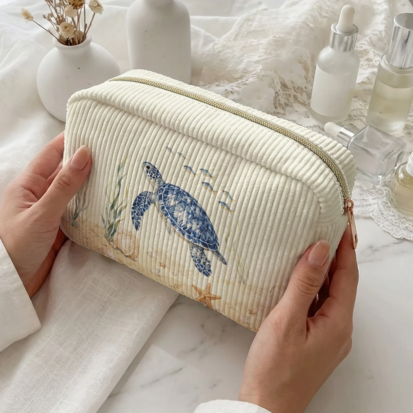 Watercolor Sea Turtle Cosmetic Bag Corduroy Beach Starfish Seashell Print Zipper Pouch Travel Makeup Storage Bag