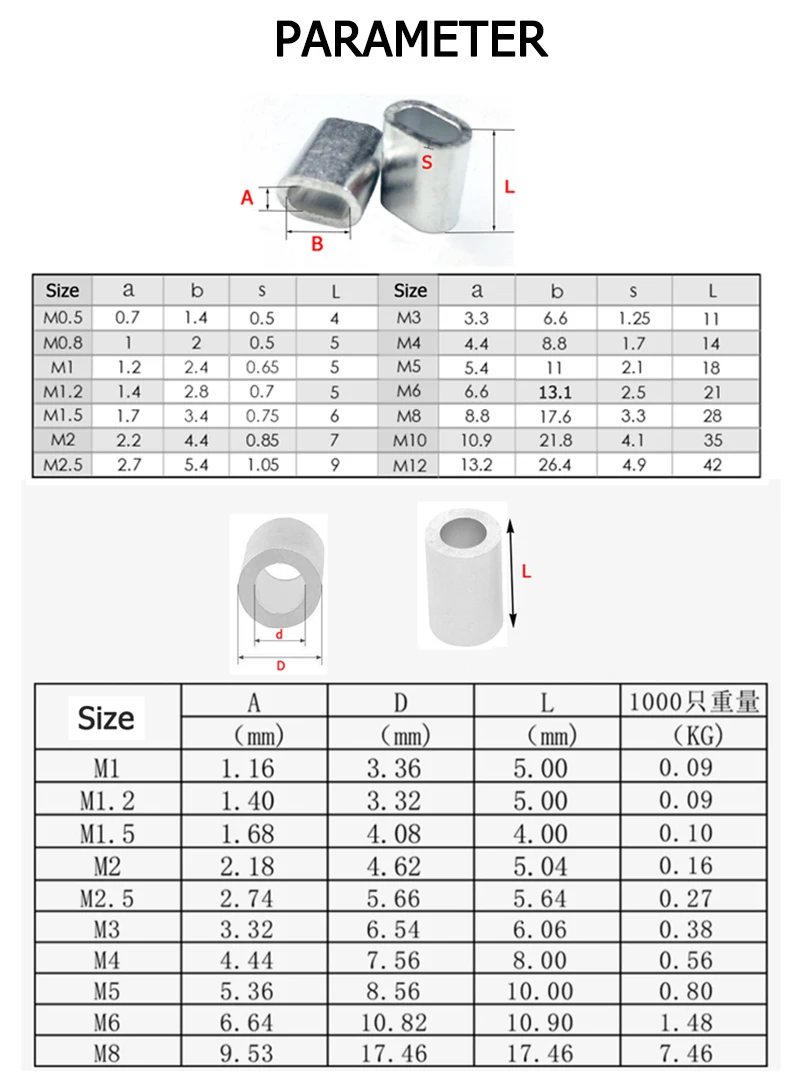 1-100pcs M1-M12 Aluminum Crimping Loop Sleeve Wire Rope Ferrule Round Single Hole Clamp Diameter 1 1.2 1.5 2 2.5 3 4 5 6 8 10mm