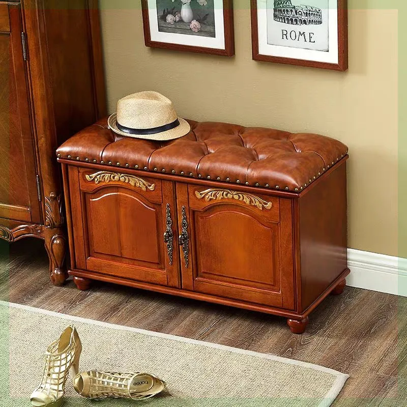 American solid wood shoe change stool cabinet household entrance entrance door can sit storage end of