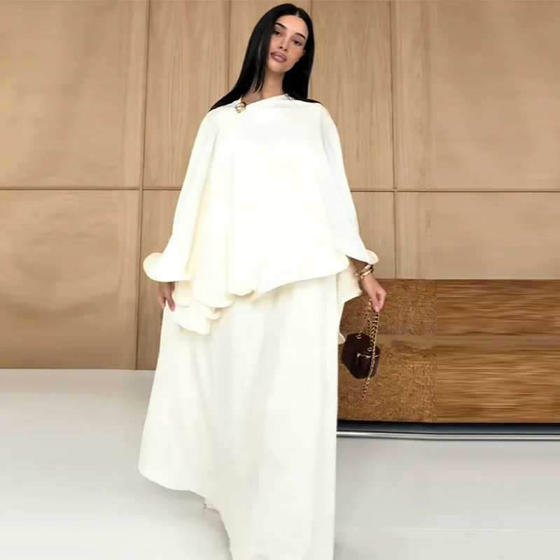 Elegantes Luxuriöses Cremeweißes Cape-Abaya-Set Loser Cape-Oberteil Maxirock Muslimische Damenmode Eid Formelle Bescheidene Abendgarderobe für Partys und Dates