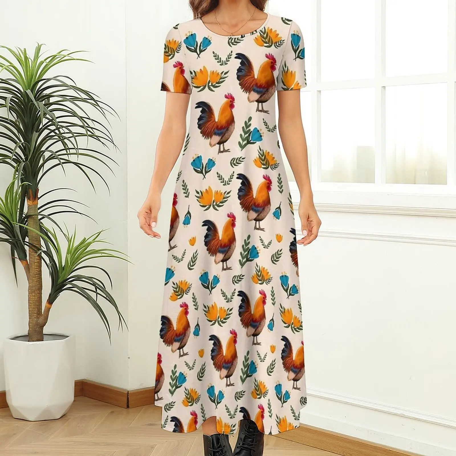 Folk Art Chickens Dress Florla Print Street Style Boho Beach Long Dresses Woman Vintage Maxi Dress Big Size 6XL 7XL