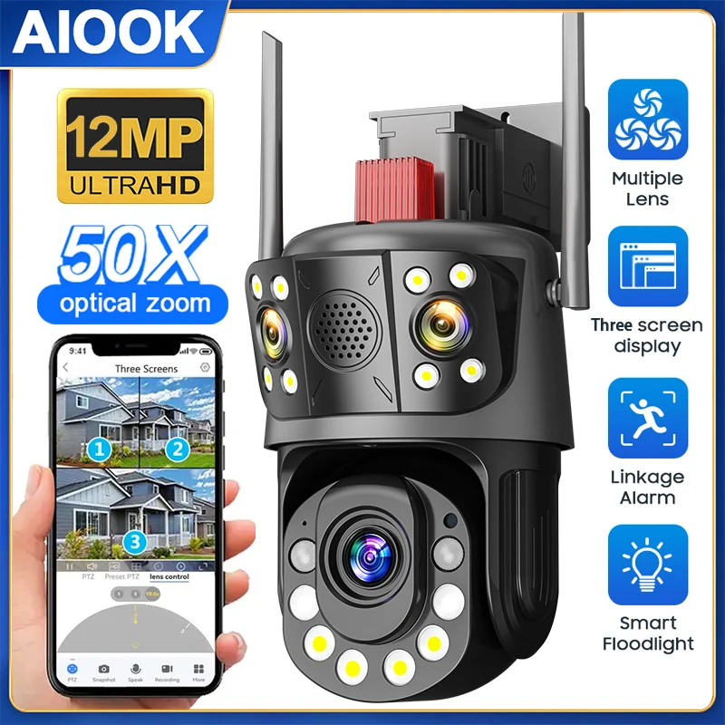 aiook camera de seguranca impermeavel ao ar livre lens hd 12mp 4k 50x zoom optico wifi visao noturna interfone em dois sentidos icsee cctv 01