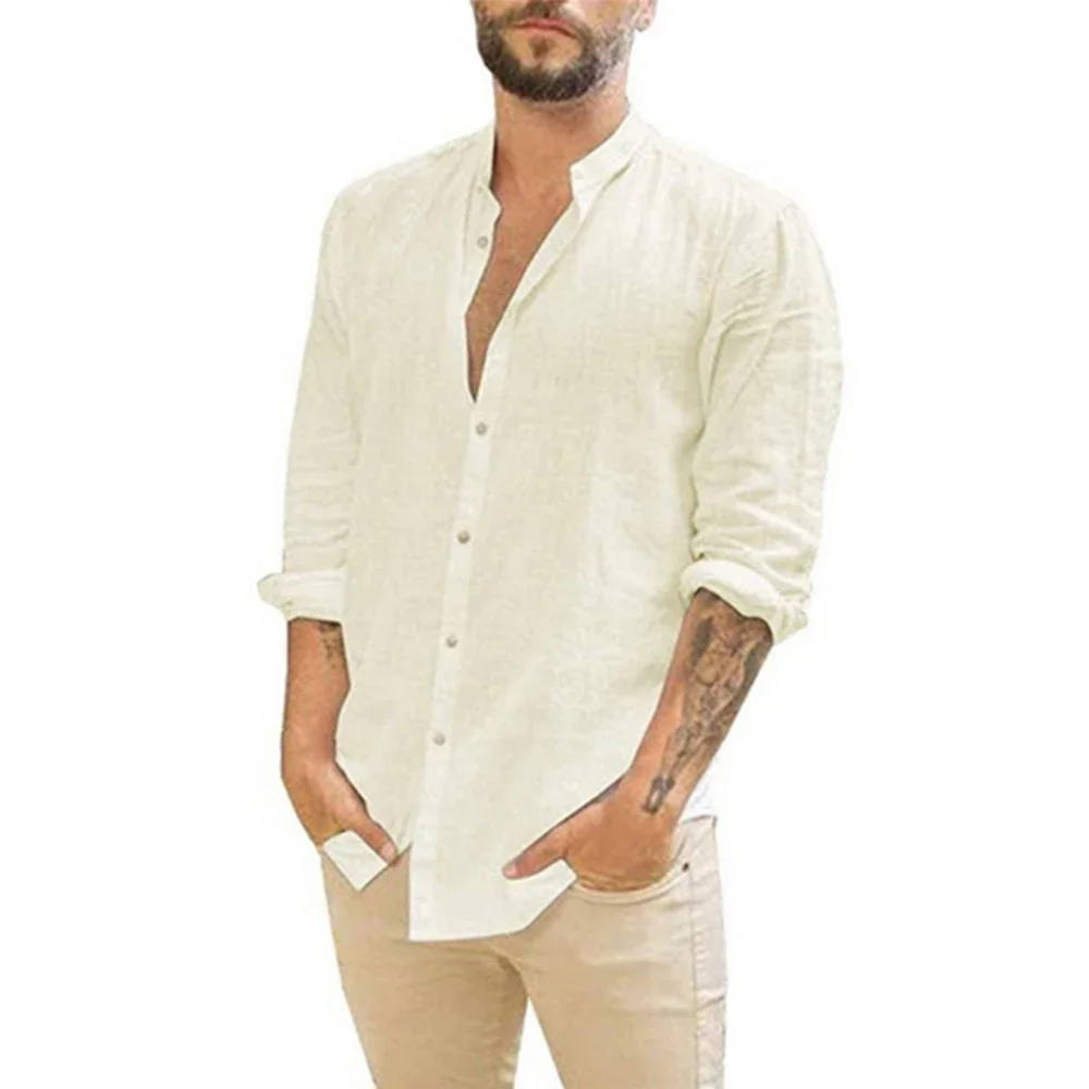 Cotton Linen Men's Long-Sleeved Shirt Solid Color Stand-Up Collar Casual Beach Style Plus Size