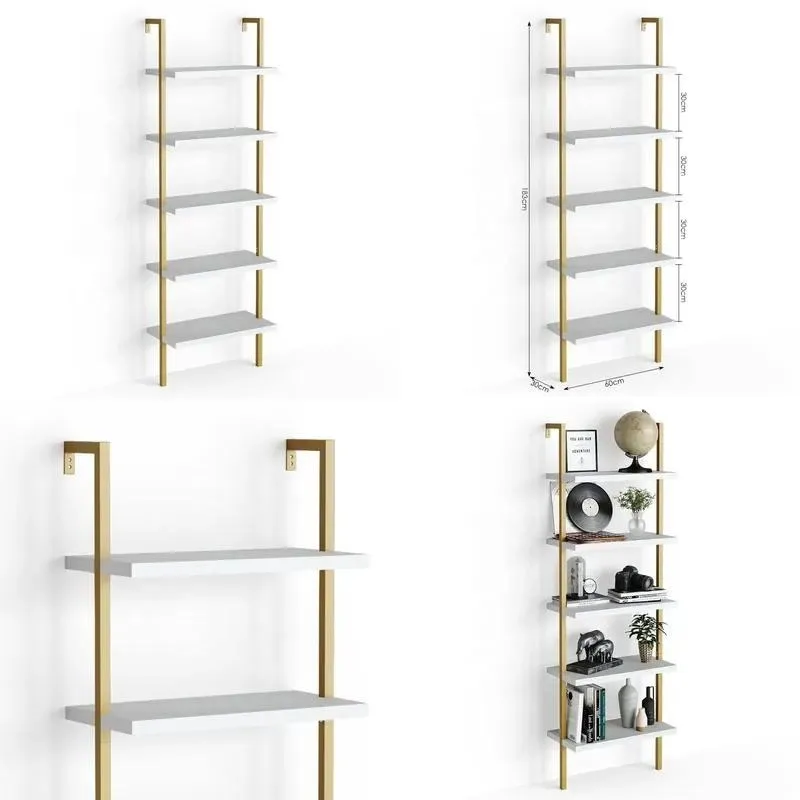 5 Tier Wall Mounted Bookshelf Open Storage Rack for Home Office White Gold Attic Ladder Style Shelf
