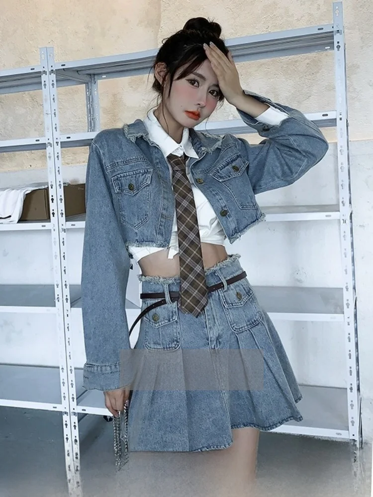 

Женский джинсовый комплект с плиссированной юбкой и жакетом, с высокой талией, А-силуэт, в корейском стиле, весенний модный ансамбль