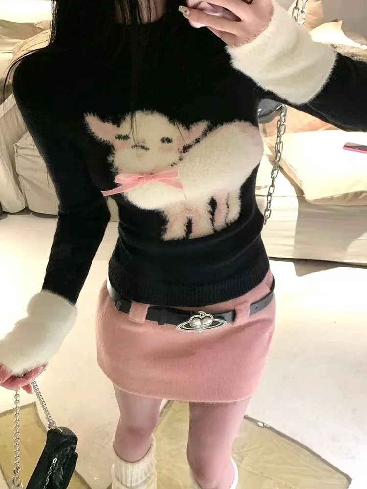 Winter Vingate New 2 Piece Set Women Patchwork Elegant Y2k Knitted Skirt Suit Female Korean Fashion Design Casual Belt Set 2024