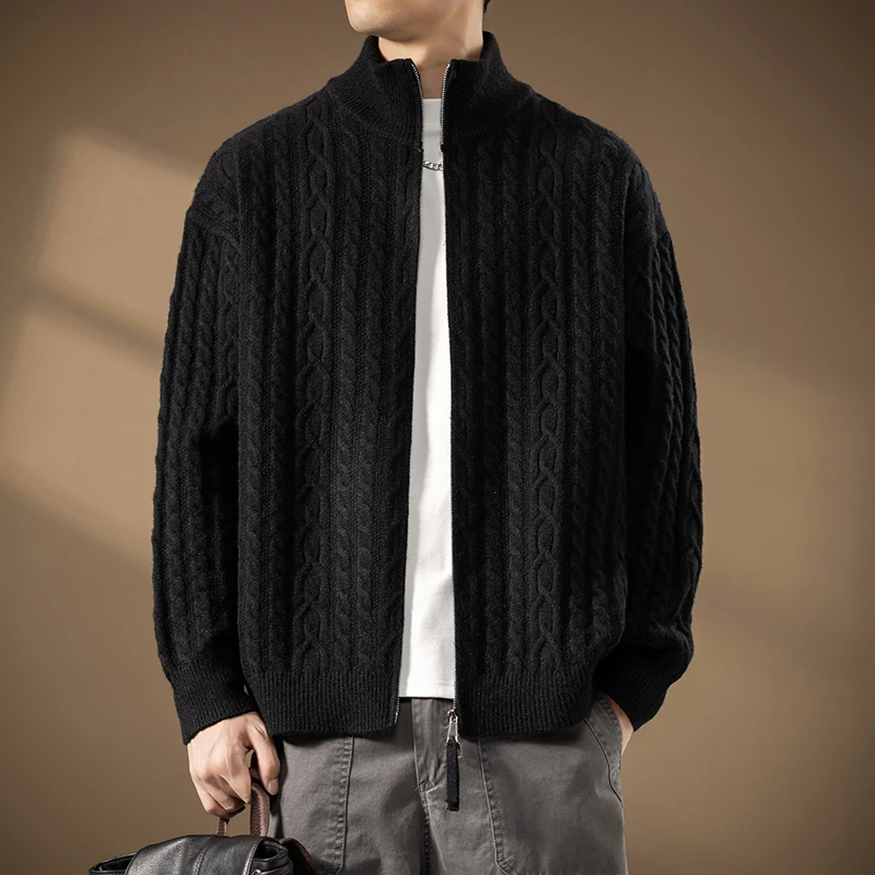Autumn Winter Men's Stand Collar Sweatercoat Loose Knitted Cardigans Solid Color Warm Casual Knit Sweater Jacket Casual Cardigan