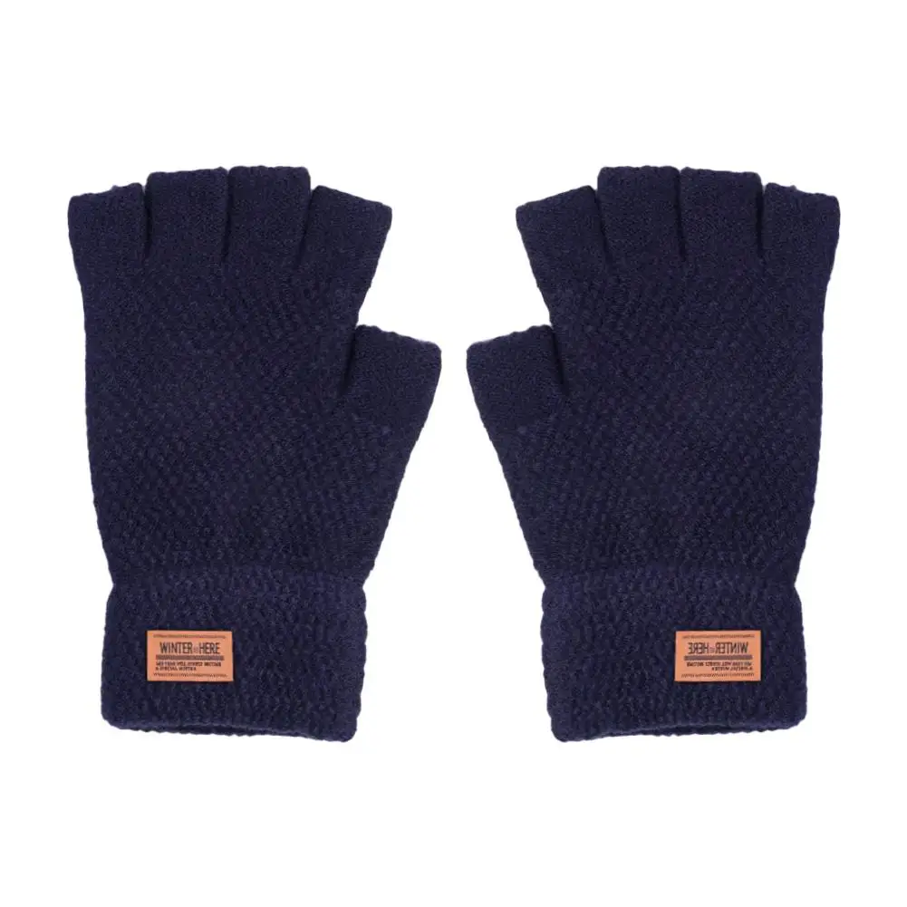 Guantes gruesos sin dedos para hombre, guantes de lana de Alpaca de punto, guantes de conducción de medio dedo, mitones de invierno con etiqueta de