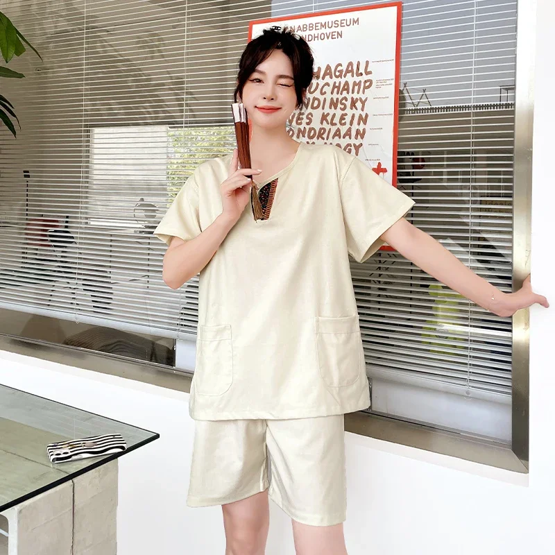 สไตล์จีนคู่ชุดว่ายน้ําเสื้อ + กางเกงไทยสปานวดกายภาพบําบัดเสื้อผ้าเหงื่อนึ่งผ้าฝ้ายผ้าลินินชุด