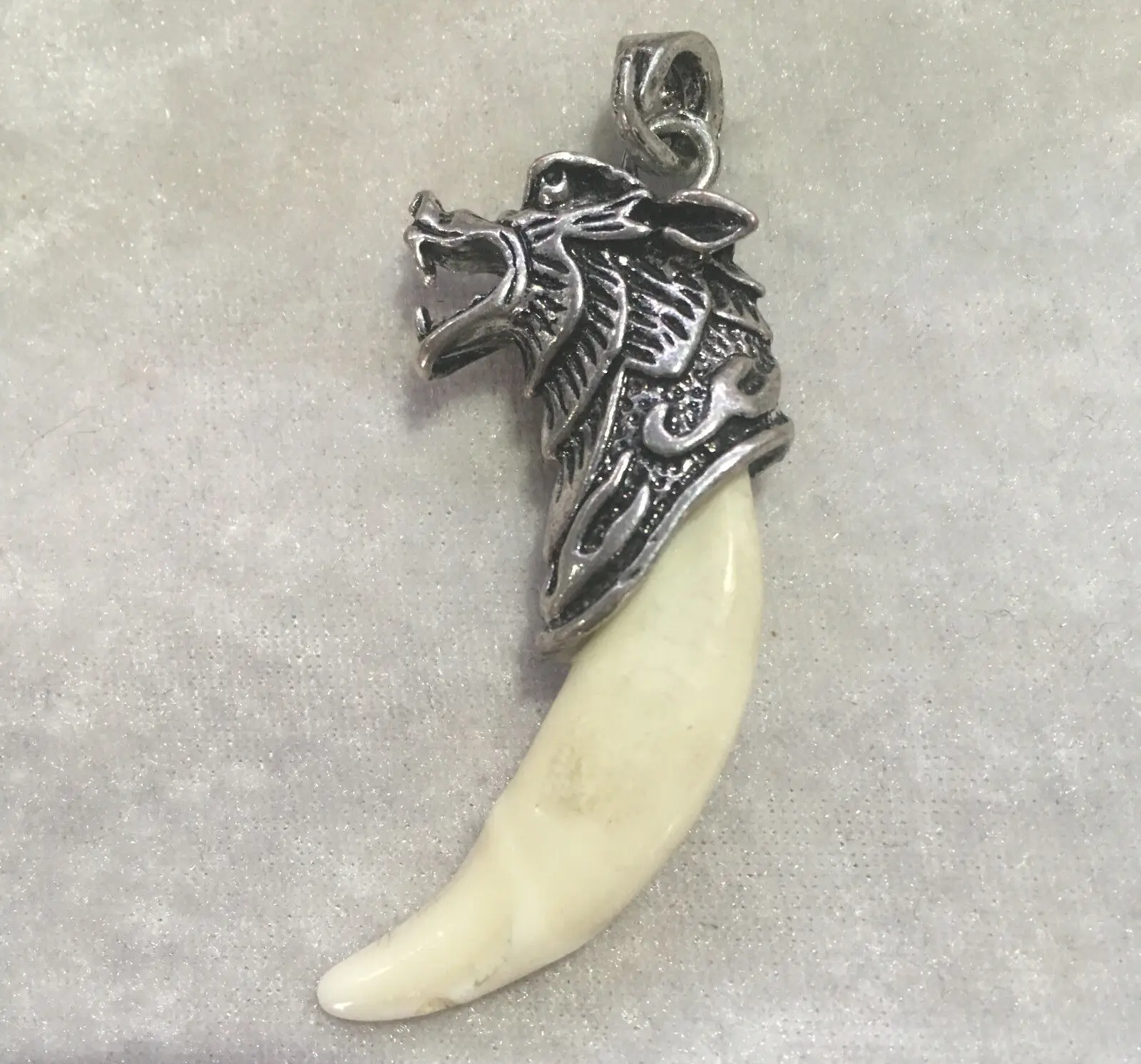 Chinese Antique Boars Tooth Wild Hog Silver Dragon protective talisman Pendant