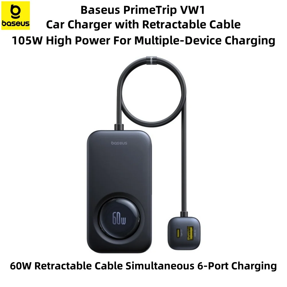

Baseus Car Charger 105W Max Ultra Fast Charging Built-in 60W Max Retractable Cable Charges Up to 6 Devices Car Charging Station