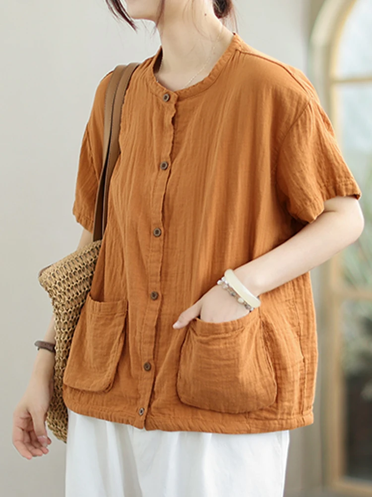 Amax lulue coreano 2025 verão senhoras clássico vintage camisas soltas femininas blusas de lazer solto sólido topos roupas de linho de algodão