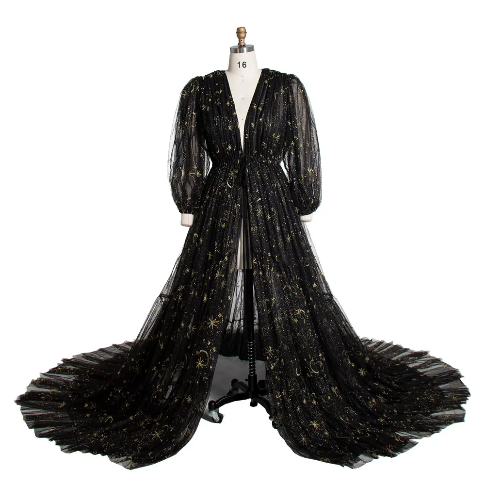 Black Tulle Embroidered Gold Stars Maternity Robe Full Sleeves See Through Photo Shoot Dress YW220217-1