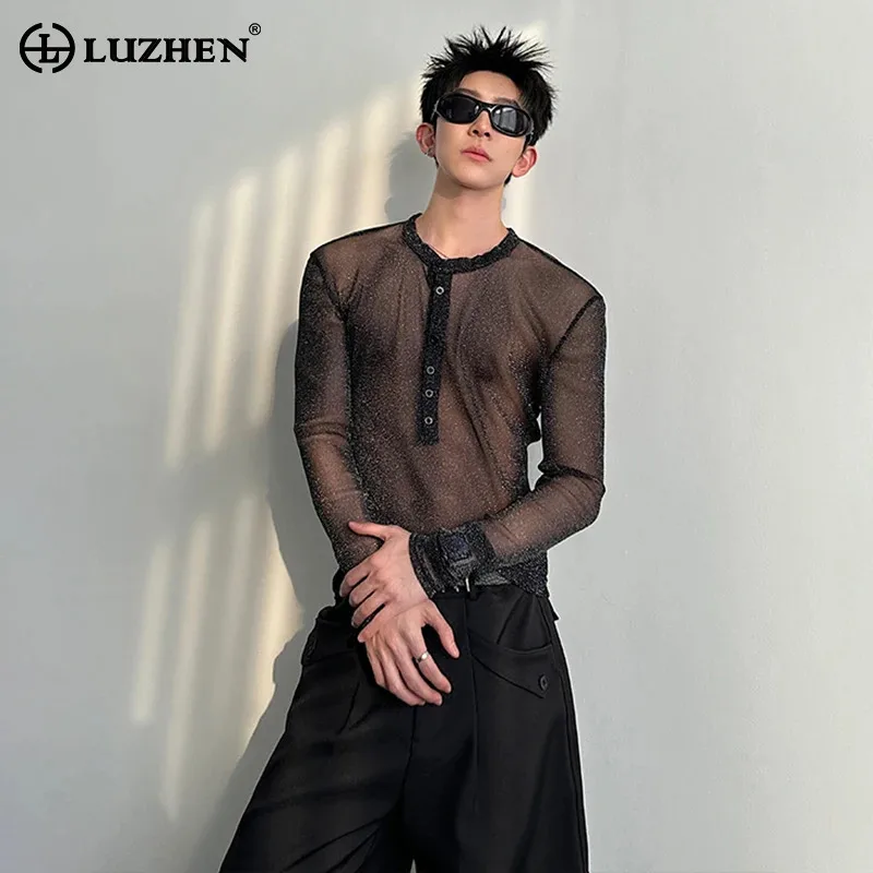 

LUZHEN 2026 Новые стильные оригинальные прозрачные рубашки с длинным рукавом высокого качества, мужские сексуальные топы с круглым вырезом для ночного клуба JY6271