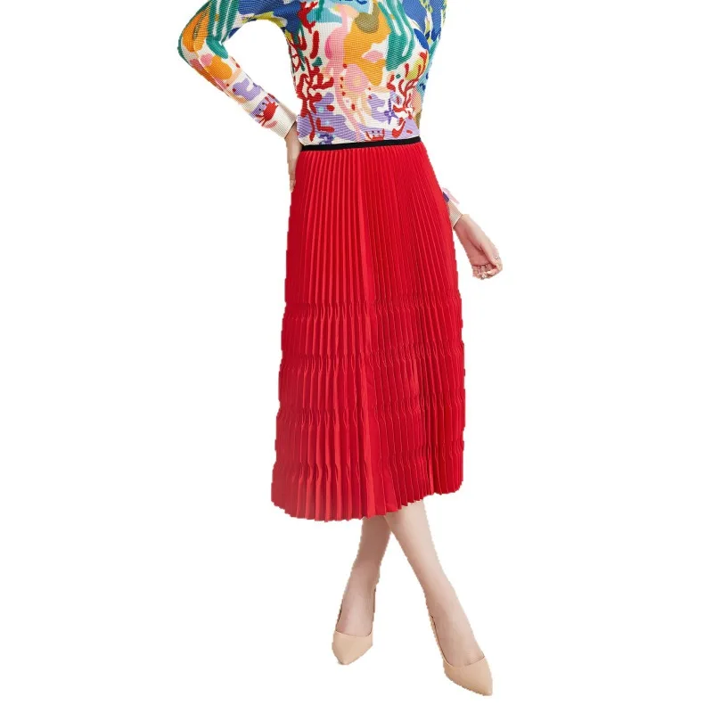 Miyake A Pieghe 2026 Primavera e L'Estate Nuovo Stampaggio Stereoscopico Retro Rosso Gonna A Pieghe Femminile di Nicchia A-line Bustier Gonna Pieghe