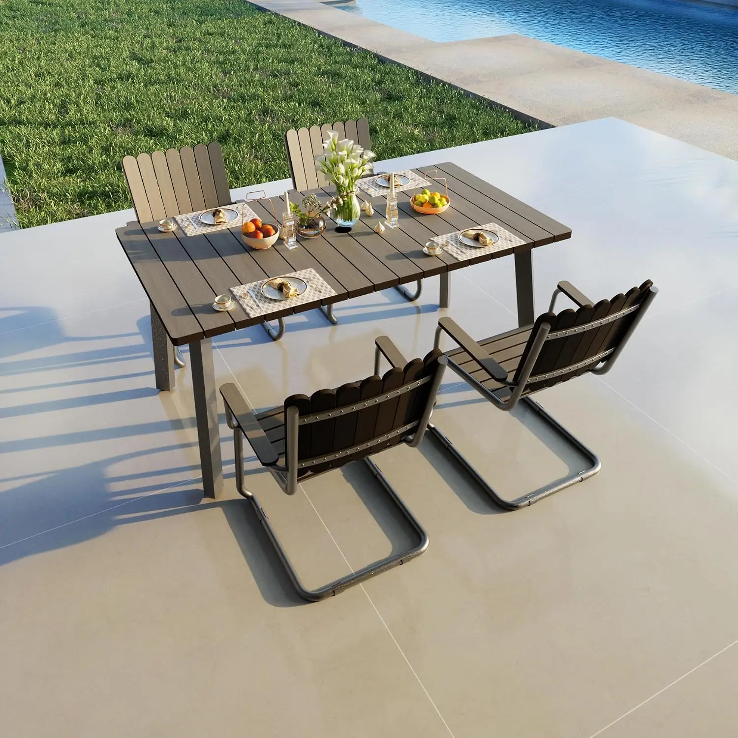 Outdoor Dining Set, Patio Table and Chairs Set for 4 with Umbrella Hole, 5 Pieces HDPE Outdoor Furniture Set for Patio, Garden