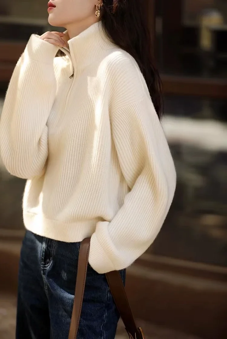 Women\'s Italian Craft 100% Pure Cashmere Sweater Half Zipper Stand Collar Thickened Loose Lapel Pullover Knitted Sweater