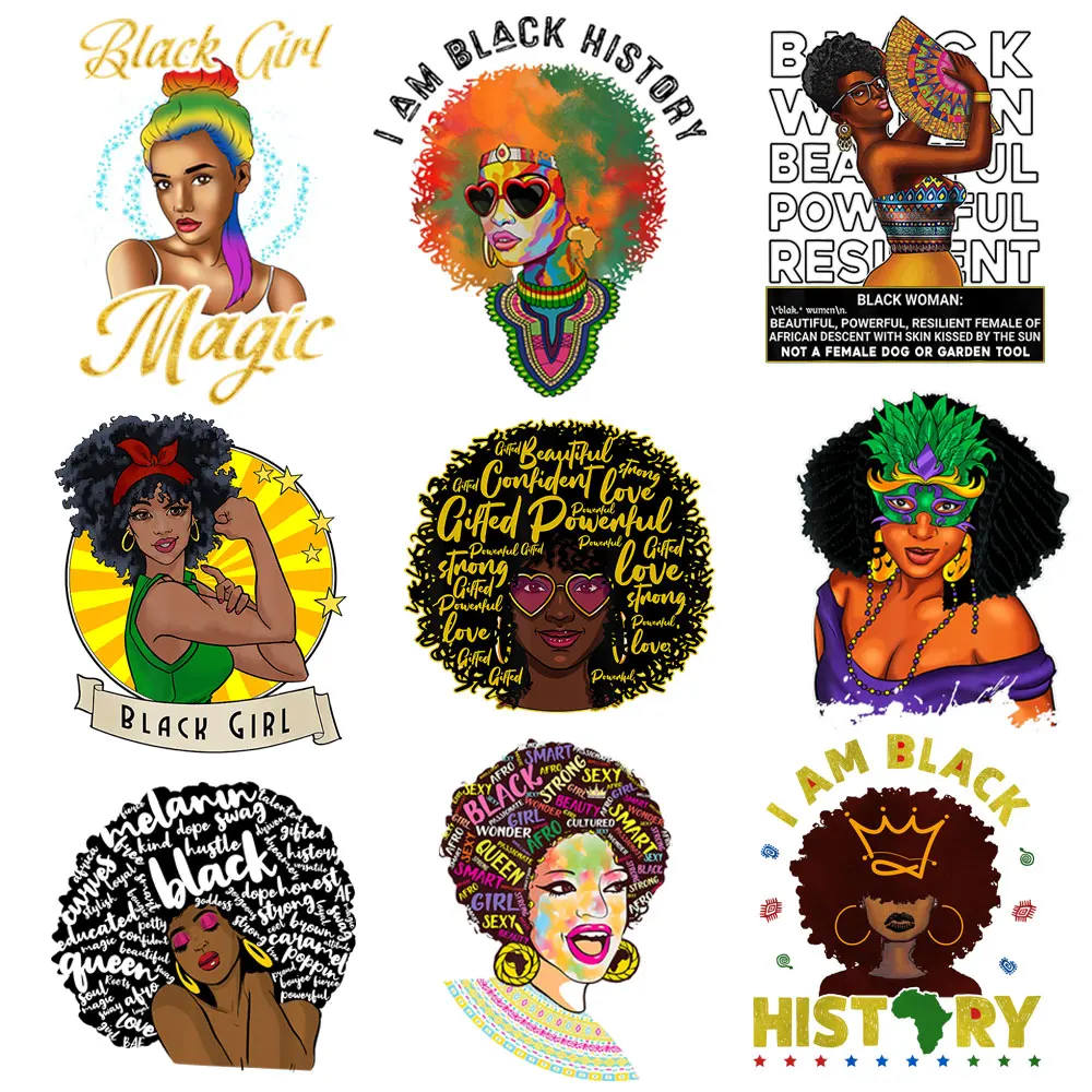 

South Africa Girls Patches For Clothes Black Queen Heat Transfer Printing Stickers Girl T-Shirt Appliques Decor