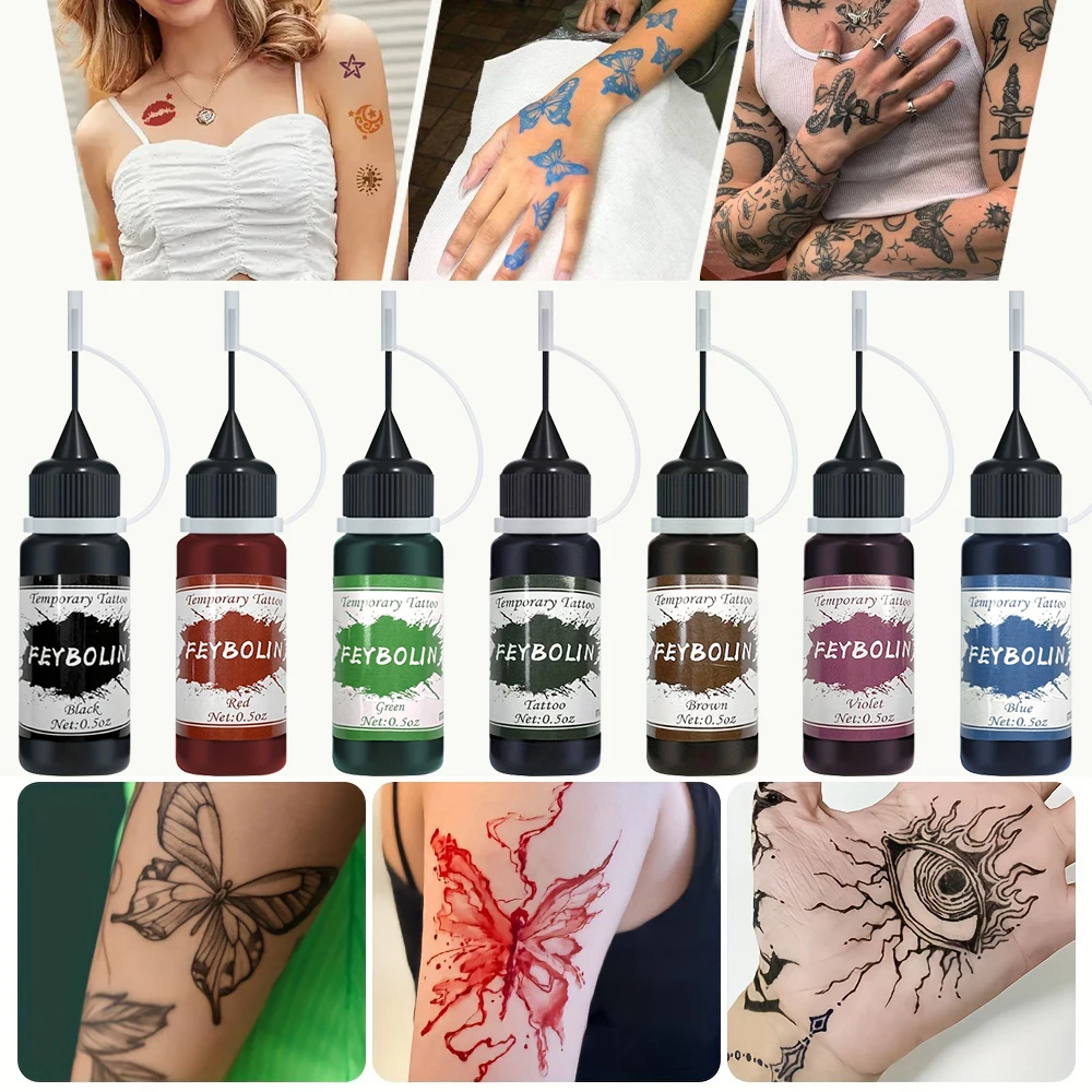 

7 Colors Long-Lasting Mixed Color Temporary Tattoo Juice Tattoo Gel,DIY Semi-Permanent Markers for Creative Body Art Parties