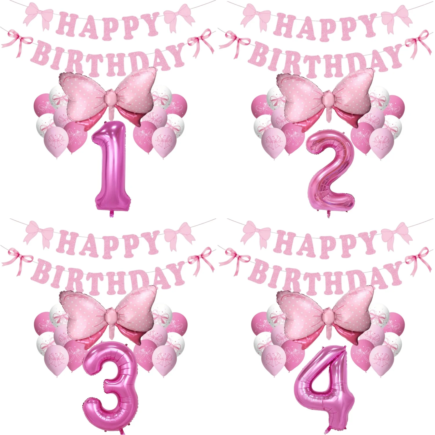 Pink Bow Birthday Decor Set Girl 1-9 Years Old Number Balloon Kit Happy Birthday Banner Baby Girl Cake Smash Party Backdrop Supp