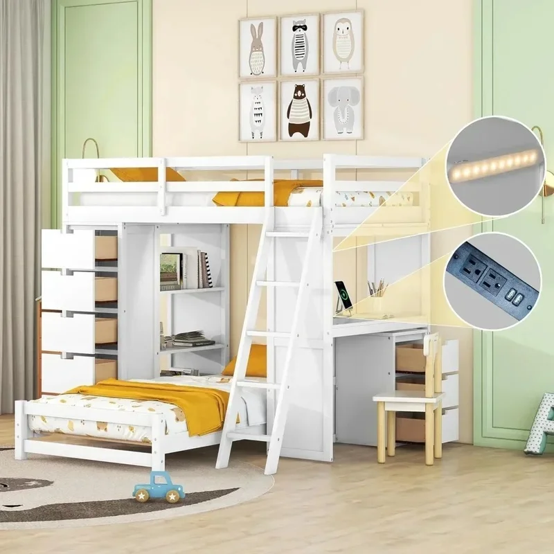 

Twin Over Twin Bunk Bed with Built-in Desk & Shelves, Solid Wood Frame, Includes 5 Storage Drawers, Space-Saving Furniture