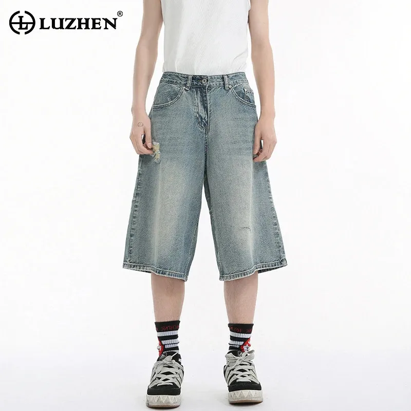 

LUZHEN Pants 2025 Summer Five-pointed Broken Hole Wornout Denim Men's Fashion Street Washed Straight Casual Shorts Male JY2664