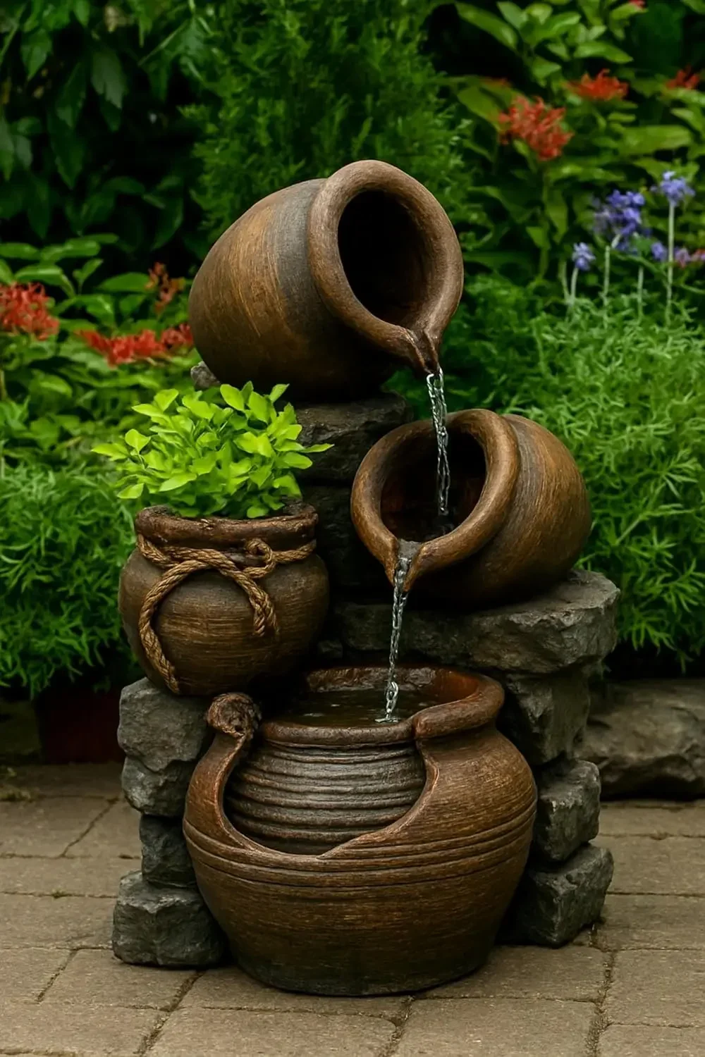 FCL055 Multi Pots Outdoor Water Fountain with Flower Pot 12 6L x 13 4W x 23 6H Multicolor
