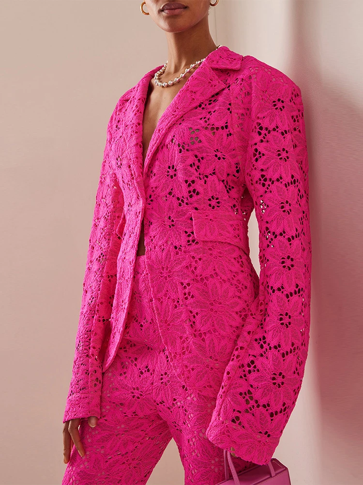 Hot Pink Lace Two Piece Set For Women Floral Hollow Out See Through Blazer Jacket & Slim Fit Pants Elegant Party Suit 2026 - view 4