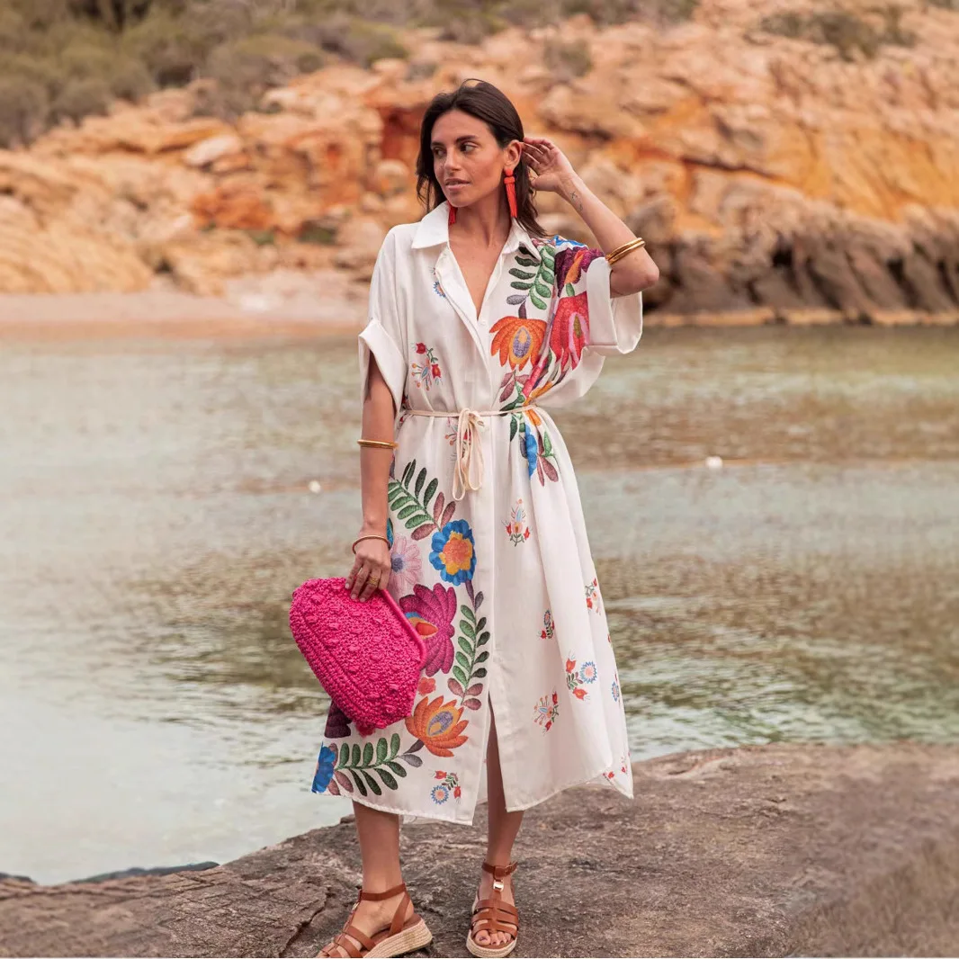 

Vintage Print Loose Beach Style Long Dresses Women Single Breasted Leace-up A-line Shirt Long Dress Commuting Vacation Vestidos
