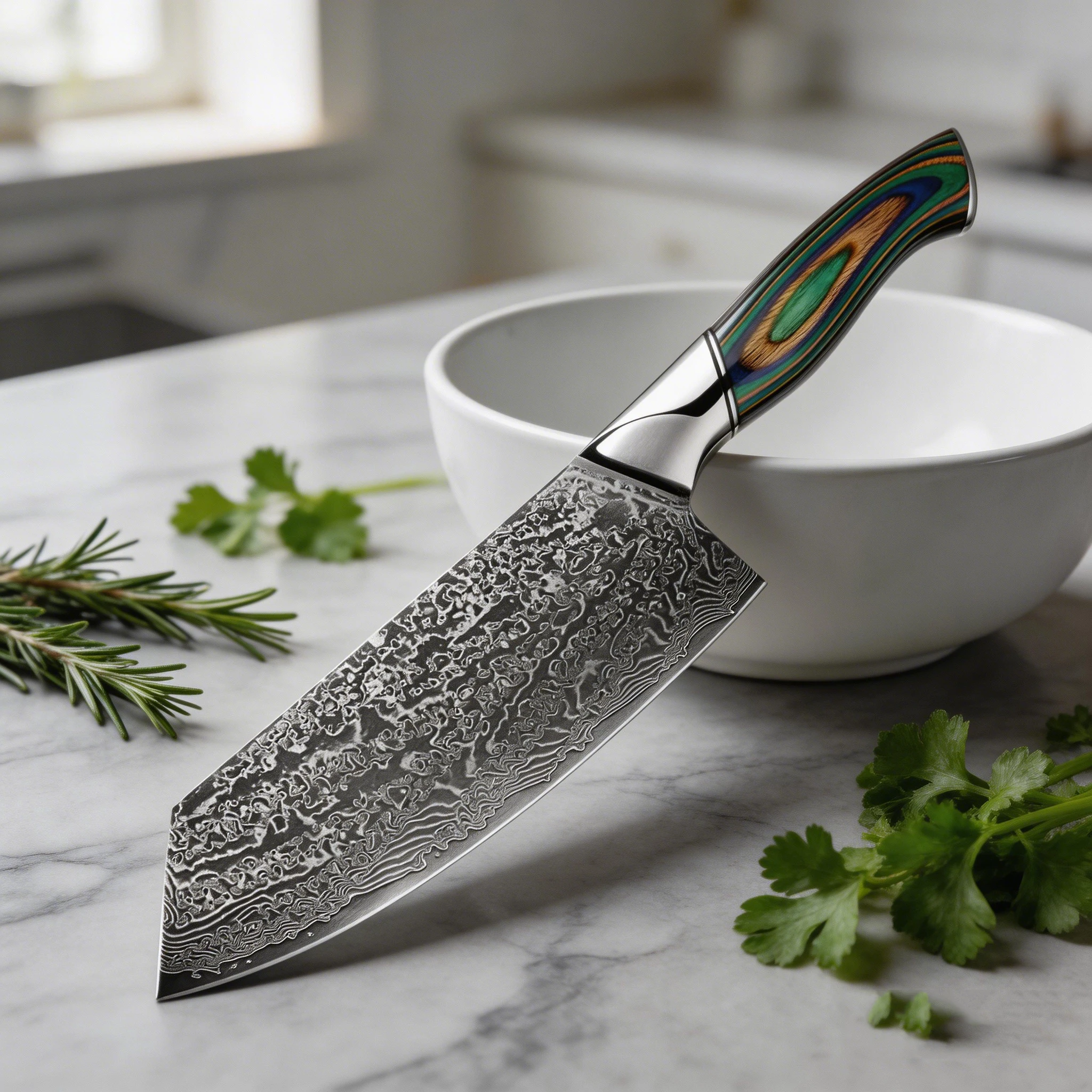 7 Inch Chinese Cleaver Knife Sharp Damascus Steel Japanese Vegetable Meat Chopper Butcher Knife, Green Colored Wooden Handle