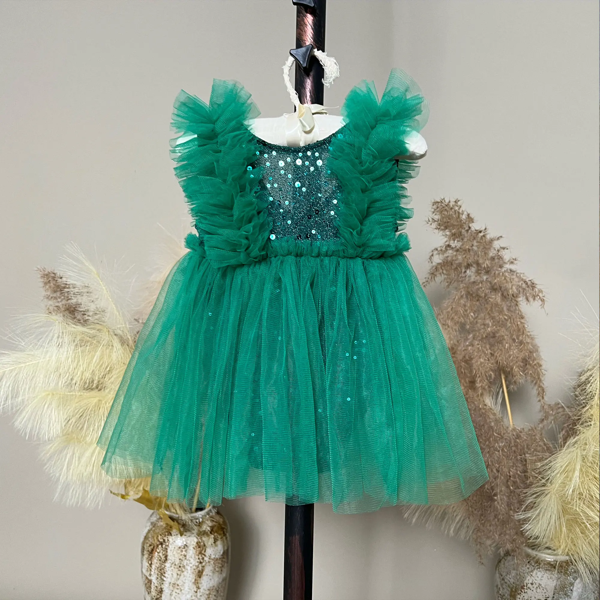 

Girl Costume Green Tulle Ruffled Lace Sleeveless Sequin Dress Birthday Ceremonial Ball Gown Children's Formal Wear Photography